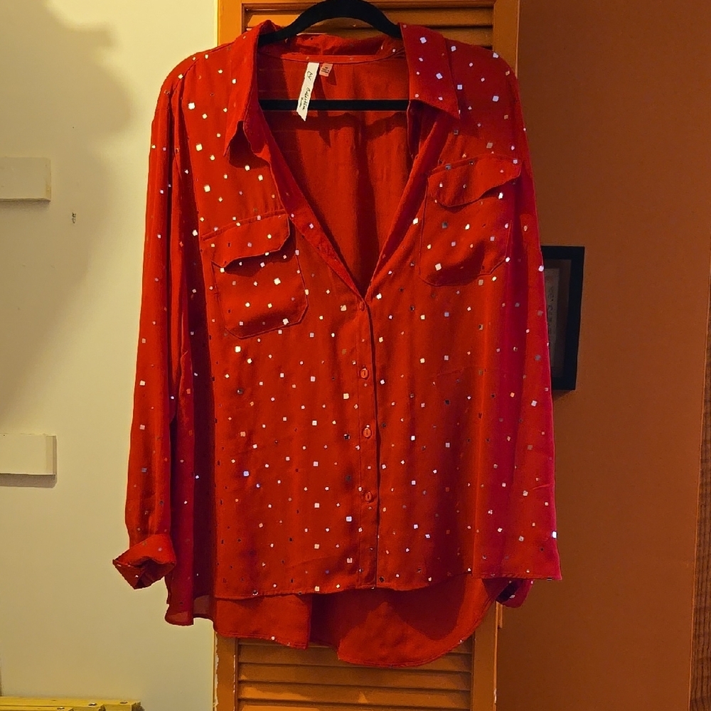 Red Button-Up Shirt with White Polka Dots